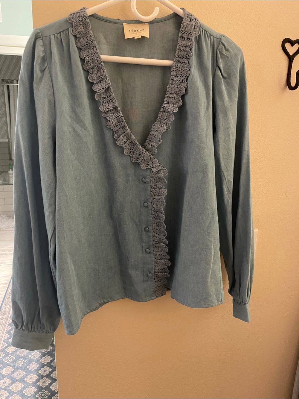 Sezane Dusty Blue Crochet-Trim Button Down Blouse